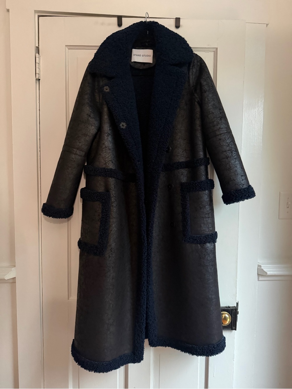 Stand Studio Navy Shearling-Trim Long Coat